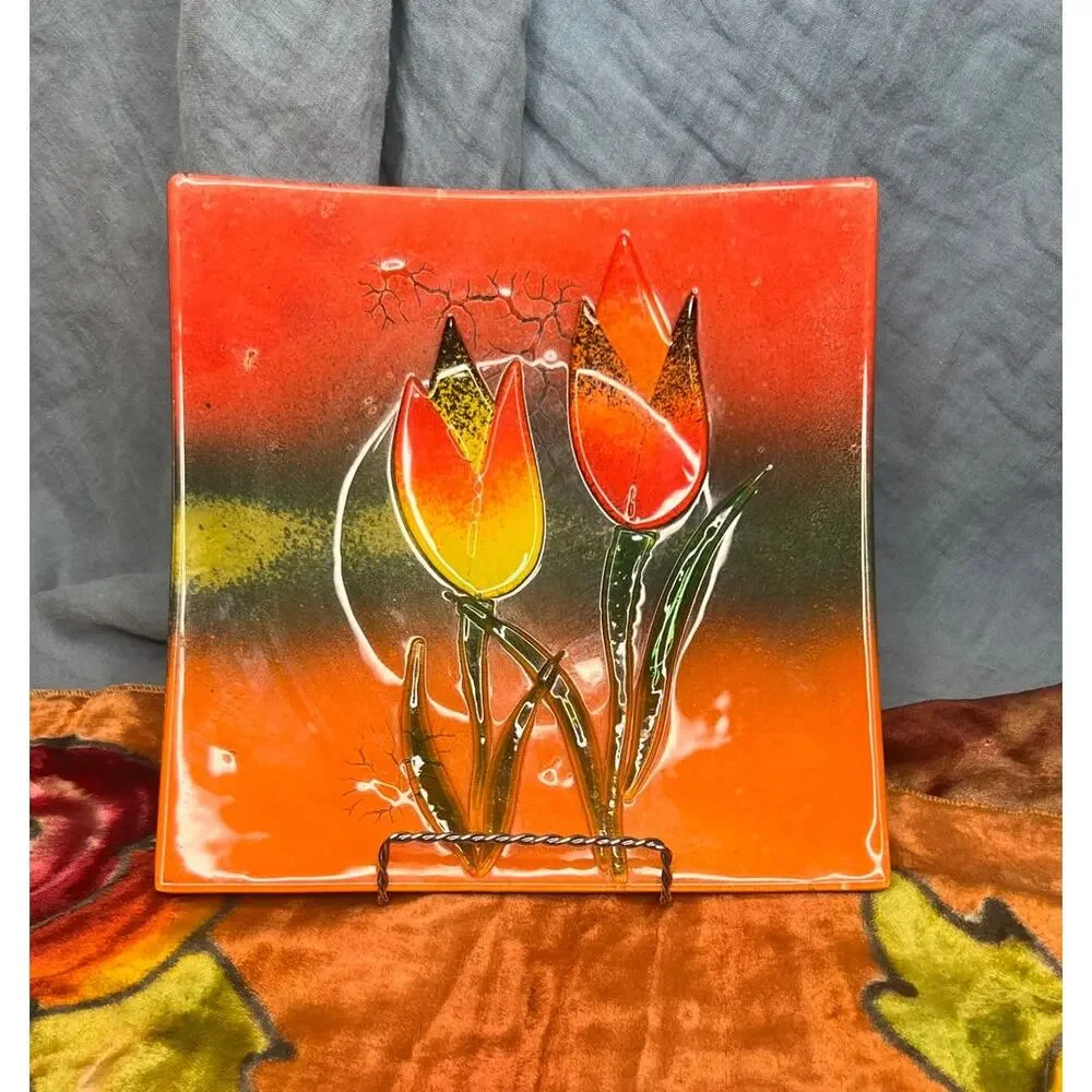 Square Fused Art Glass Tulip Platter Bowl Wall Hanging Handmade Vintage 70s